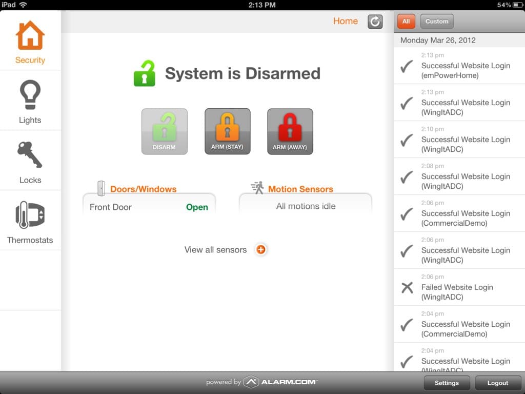 Alarm.com mobile app screenshot