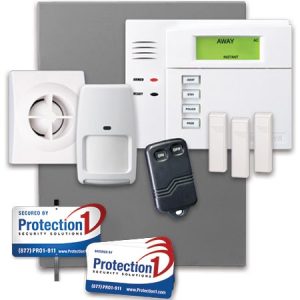 Protection Ones main security package with images of motion, window sensors, panel and keyfob