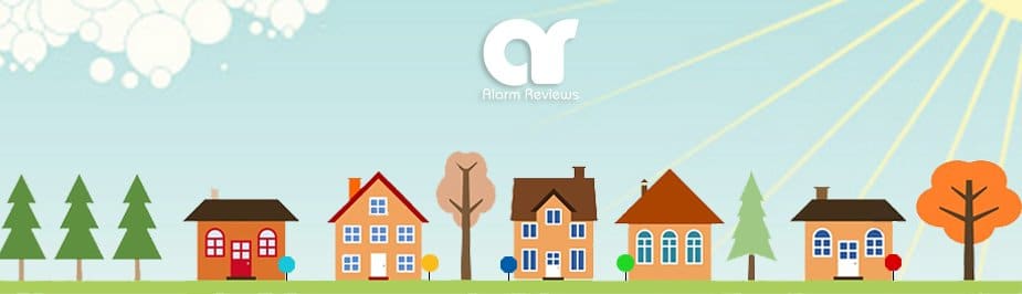 Cartoon neighborhood with security system signs by Alarm Reviews