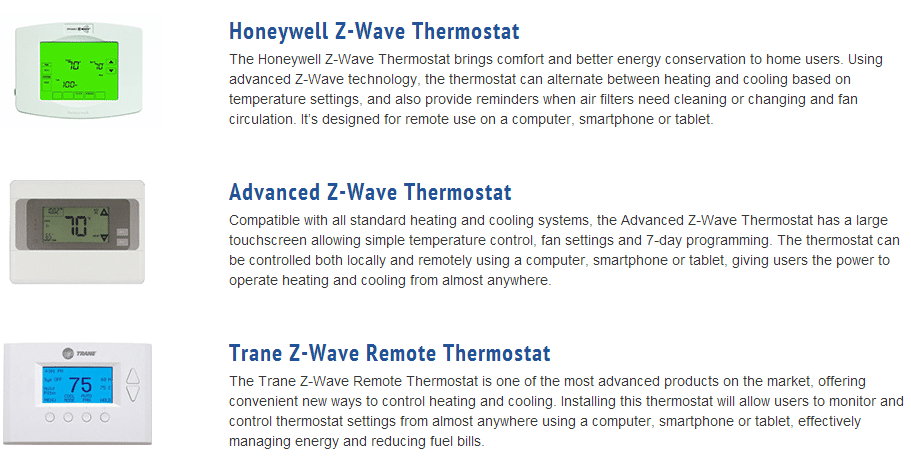 List of pictures and descriptions of 3 Z-Wave thermostats used by Monitronics